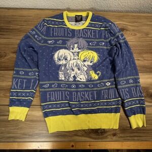 Box Lunch Fruits Basket Anime Ugly Christmas Sweater Knit Blue Yellow Medium